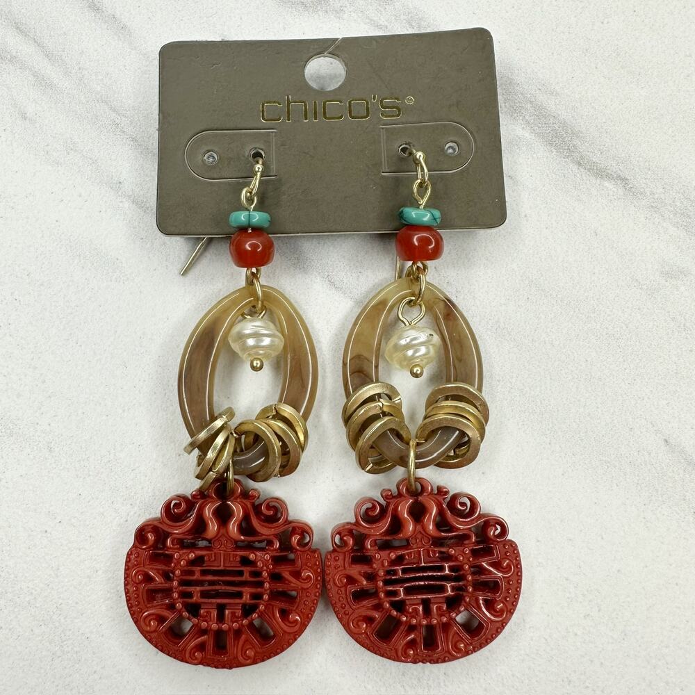 Chico's Phoebe Gold Tone Dangle Earrings Turquoise Red NWT ✨